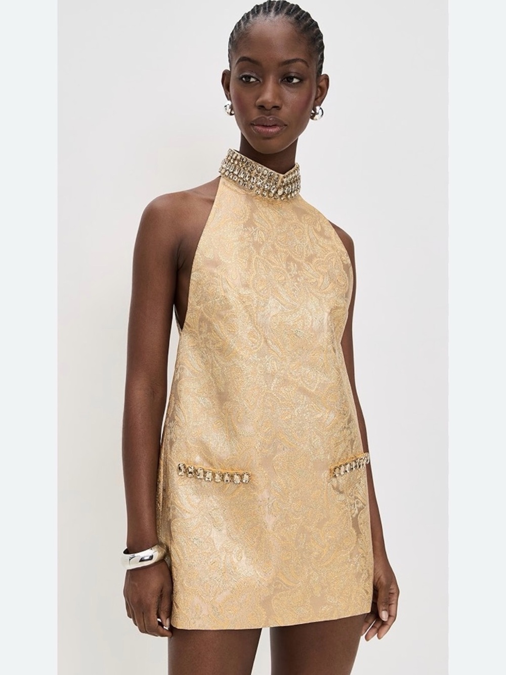 Retrofete Gold Jacquard Halter Mini Dress with Jeweled Neckline